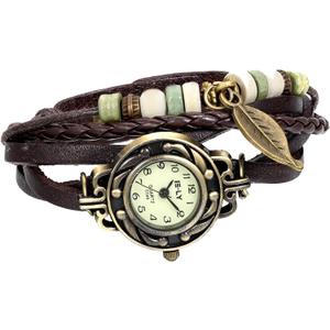 JewelryWe Women Quartz Bracelet Watch Fashion Weave Wrap Around Leather Wrist Watch Classic Bracelet Watch for Summer Beach for Valentine's Day, Leaf-Brown