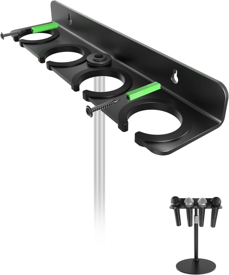 2026 Upgrade Multi Microphone Holder for Mic Stand Storage Organizer for Handheld Dynamic Wired and Wireless Mics Wall Mount or Rubber Padding to 5/8"-27 or 3/8"-16 Threaded - Up to 4 Mics