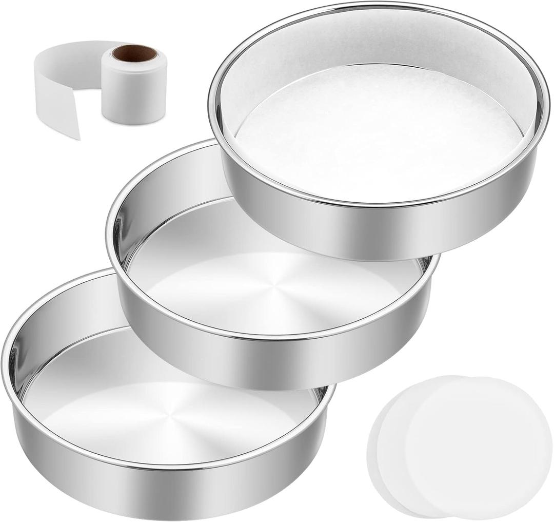 8 Inch Cake Pan Set of 3, E-Far Stainless Steel Round Layer Cake Baking Pans with Parchment Rounds & Side Liner Roll, Non-Toxic & Healthy Metal Cakes Tin, Straight Side & Dishwasher Safe
