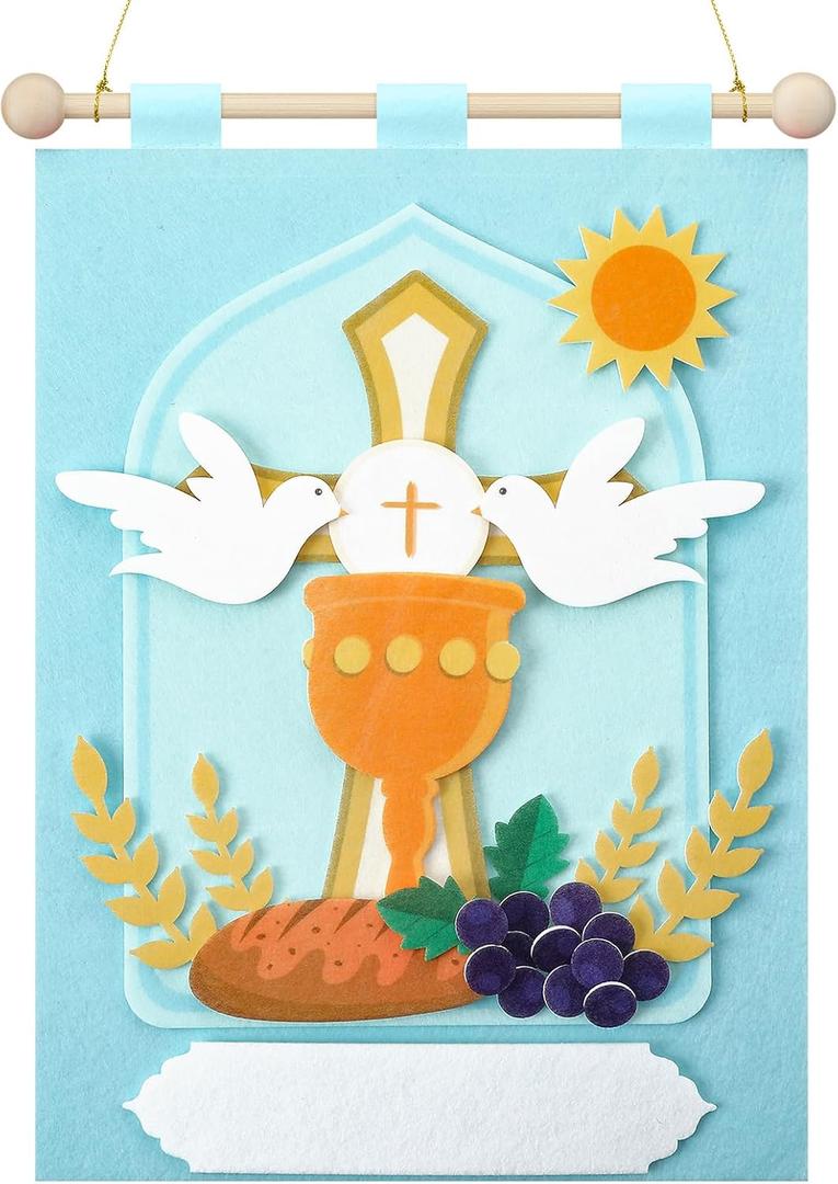 Wettarn First Communion Banner Kit for Boys Girls 9 x 12 Catholic Christian Religious Crafts Felt DIY Holy Communion Banner for Kids Sunday School Church Activity Baptism Party Decoration(Light Blue)