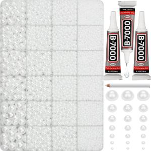 16000Pcs Flatback Pearl Rhinestone for Crafting, Flat Back Pearls and Rhinestones for Crafting, White Half Pearls for Crafts Nail Art with B7000 Glue Clear, 2,3,4,5,6,8,10mm