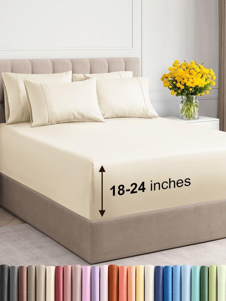 Extra Deep King Sheet Set - 6 Piece Breathable & Cooling Sheets - Hotel Luxury Bed Sheets Set - Easy & Secure Fit - Soft, Wrinkle Free & Comfy Sheets Set - Off White Sheet Set with Extra Deep Pockets