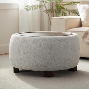 VKNOW 30" Round Ottoman with Storage, Modern Upholstered Ottoman Coffee Table with Removable Wood Top and Solid Wood Legs for Living Room, Bedroom, Apartments,Beige