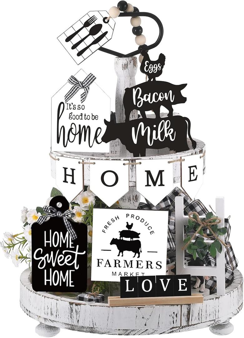 Set of 11 Farmhouse Tiered Tray Decor Rustic Home Tiered Tray Decorations Set Home Wooden Signs Vintage Farm Animal Farmhouse Tabletop Wood Signs for Kitchen Table Shelf Decor