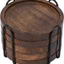 SAMHITA Mango Wood Coasters for Drinks with Iron Holder Stand Set of 5 for Drinking Glasses, Tabletop Protection for Any Table Type