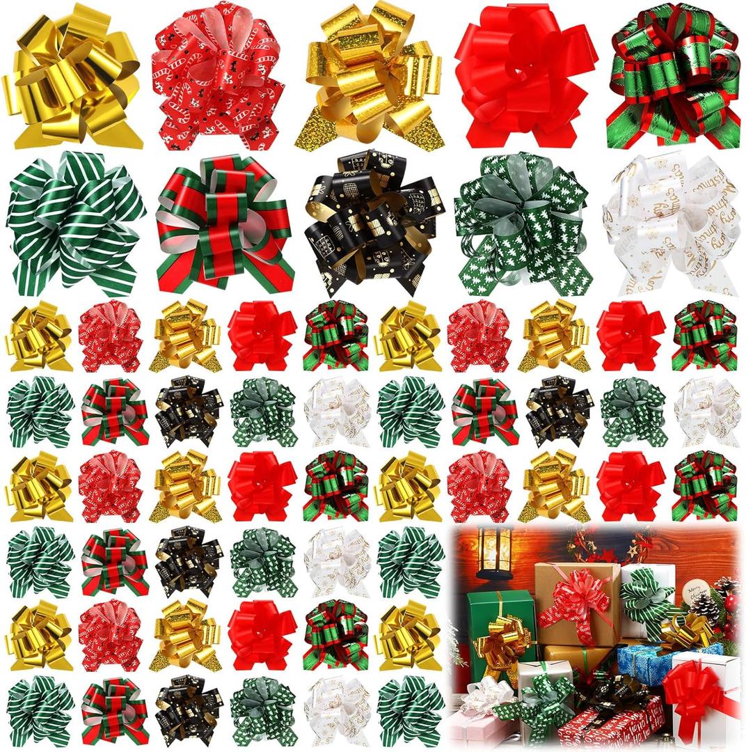 Tigeen 100 Pieces Christmas Wrap Pull Bows 5 Inch Gift Bows with Ribbon Wrapping Accessory Present Christmas Wrapping Bows for Holiday Baskets Box Decoration (Assorted Color)