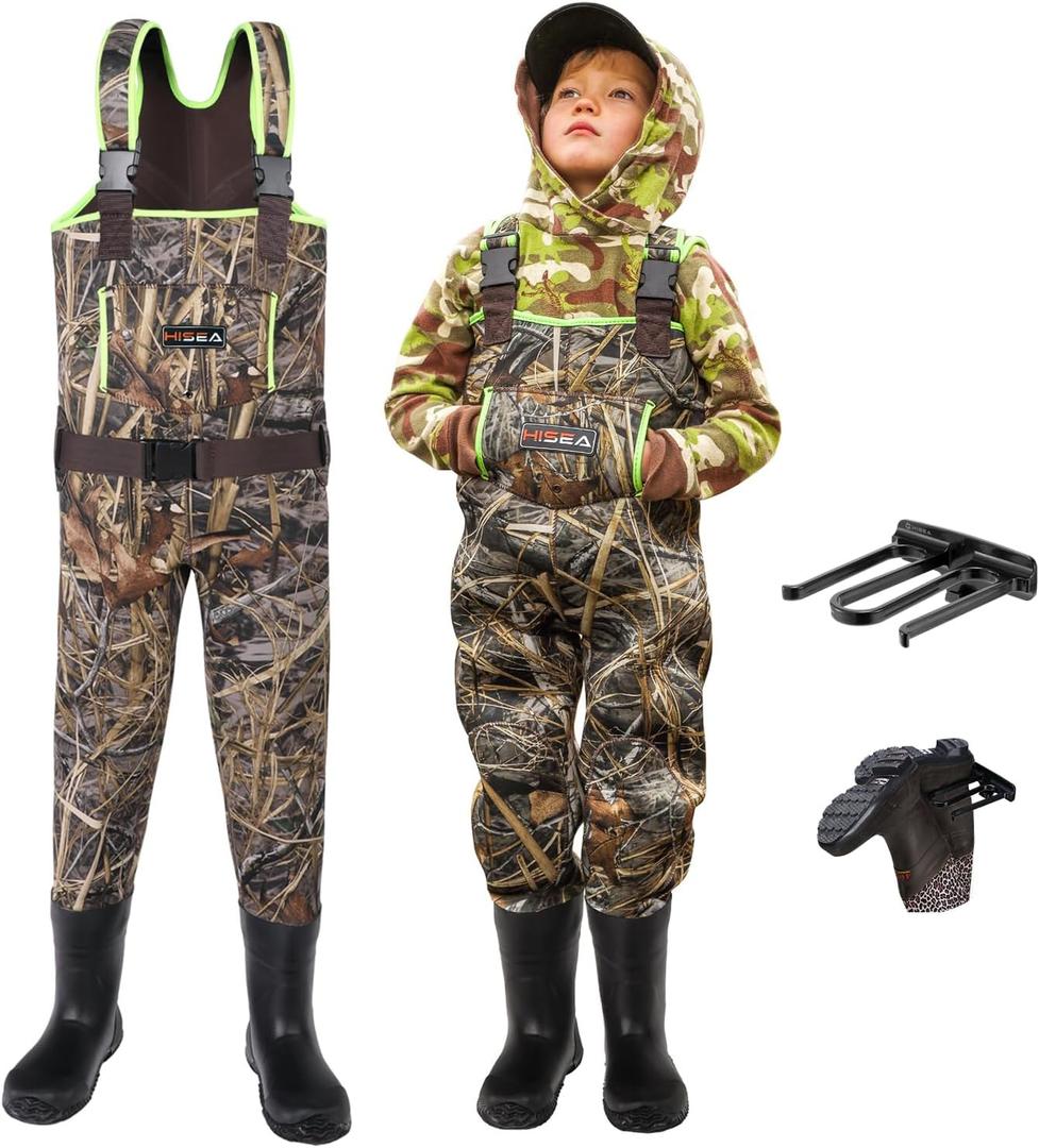 HISEA Kids Chest Waders for Toddler & Children, Youth Neoprene Waterproof Hunting Fishing Wader with Insulated Boots Boy Girl (12/13 Big Kid, Next Camo Evo(s) - Green)