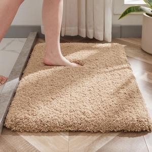 Small Bathroom Rug 17x24 Non Slip Beige Fluffy Bath Mat for Bathroom Floor Washable Plush Luxury Bath Rug for Tub Soft Shaggy Absorbent Shower Mat