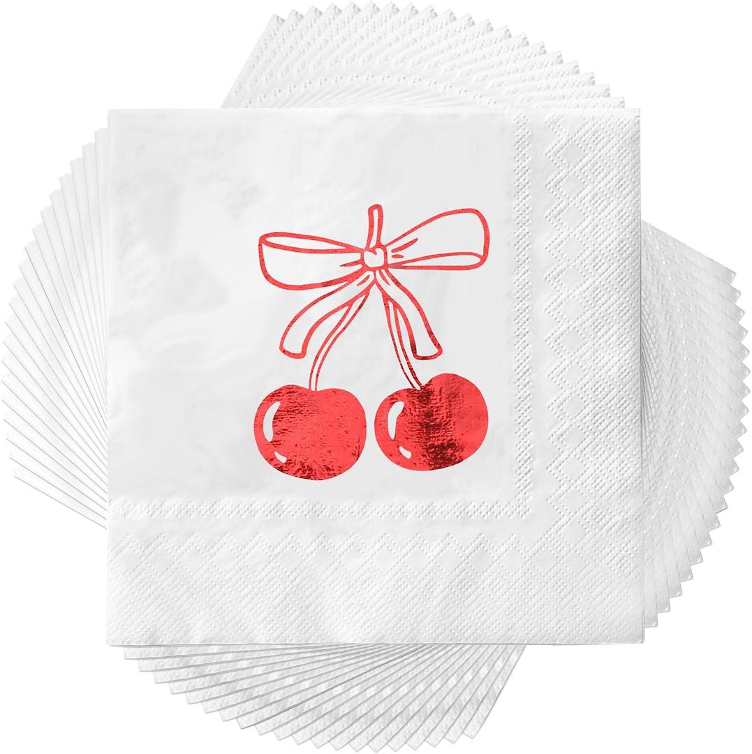 Hillsuren 100 Pcs Coquette Cherry Theme Party Napkins She's Ready to Pop Themed Baby Shower Decorations Red Bow Stamped Napkins Bridal Shower Birthday Party Supplies