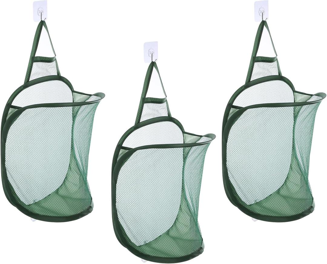 uxcell 3Pcs Hanging Laundry Hamper Foldable Mesh Laundry Basket with Hooks for Home Storage of Dirty Clothes, Camping Trip, Hotel Use, Dark Green