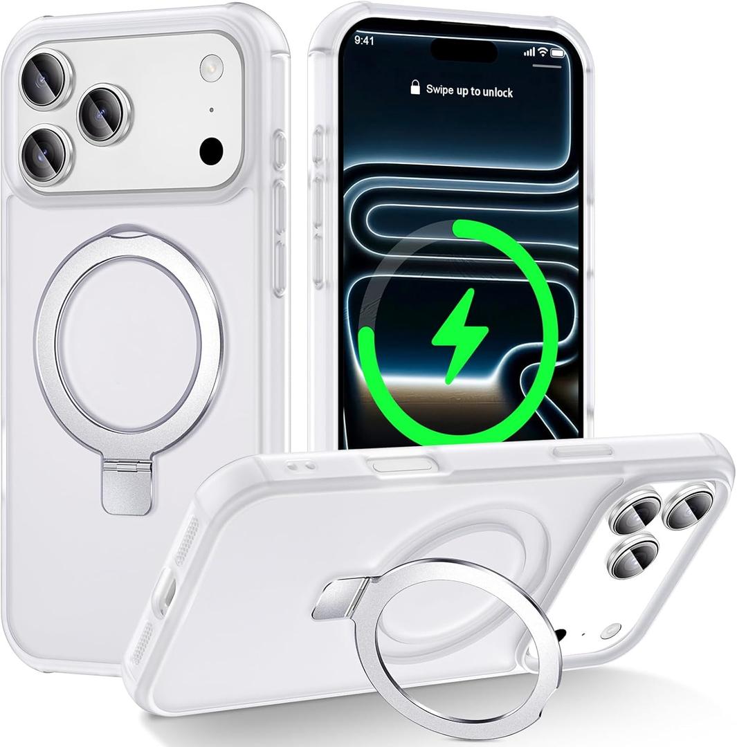 Magnetic Compatible with iPhone 17 Pro Max Case with Stand [Military Grade Drop Tested][Compatible with Magnet] Ring Translucent Slim Hard Back Soft Edge, Frost White