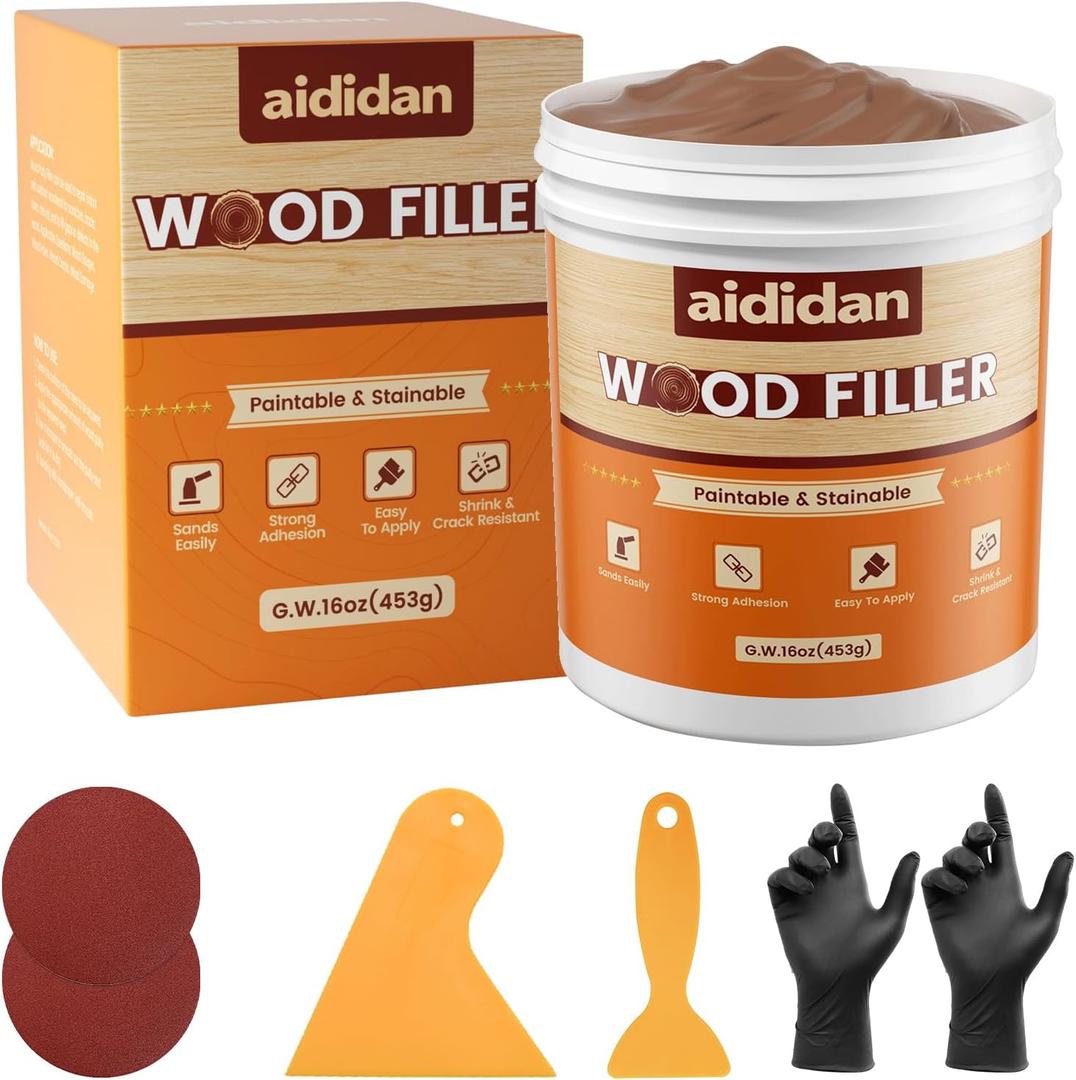 Wood Filler, Wood Repair Kit,16 Ounce Paintable & Stainable Wood Putty Filler, Wood Scratch Cracks Holes Repair Furniture, Exterior Wood Filler Water Resistant, Wood Putty,16oz, Walnut