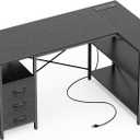 Huuger L Shaped Office Desk with Power Outlets, 47 Inch Computer Desk with 3 Drawers, Shelves, for Gaming, Corner Work, Home Office, Study, Black