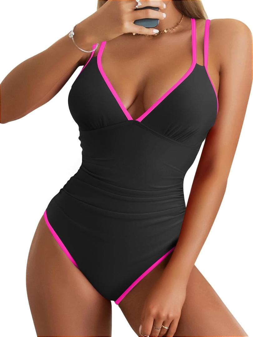 B2prity Women's V Neck One Piece Swimsuit Tummy Control Slimming Bathing Suit Double Straps Crisscross Back Swimwear, XL