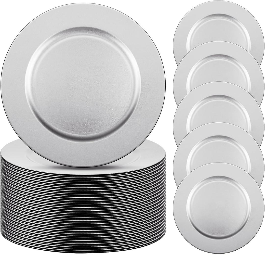 Tanlade 50 Pcs 13 Inch Charger Plates Bulk Round Wedding Chargers Plastic Dinner Plates for Table Setting Wedding Party Decoration (Silver White), Plain Style
