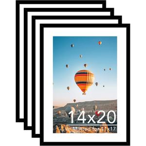 JCJMY 14x20 Picture Frame Set of 4 with 11x17 Mat, Display Photo 11x17 with Mat or 14 x 20 Without Mat, Wall Hanging Large 14 by 20 Poster Frame with Plexiglass, 4 Pack, Black