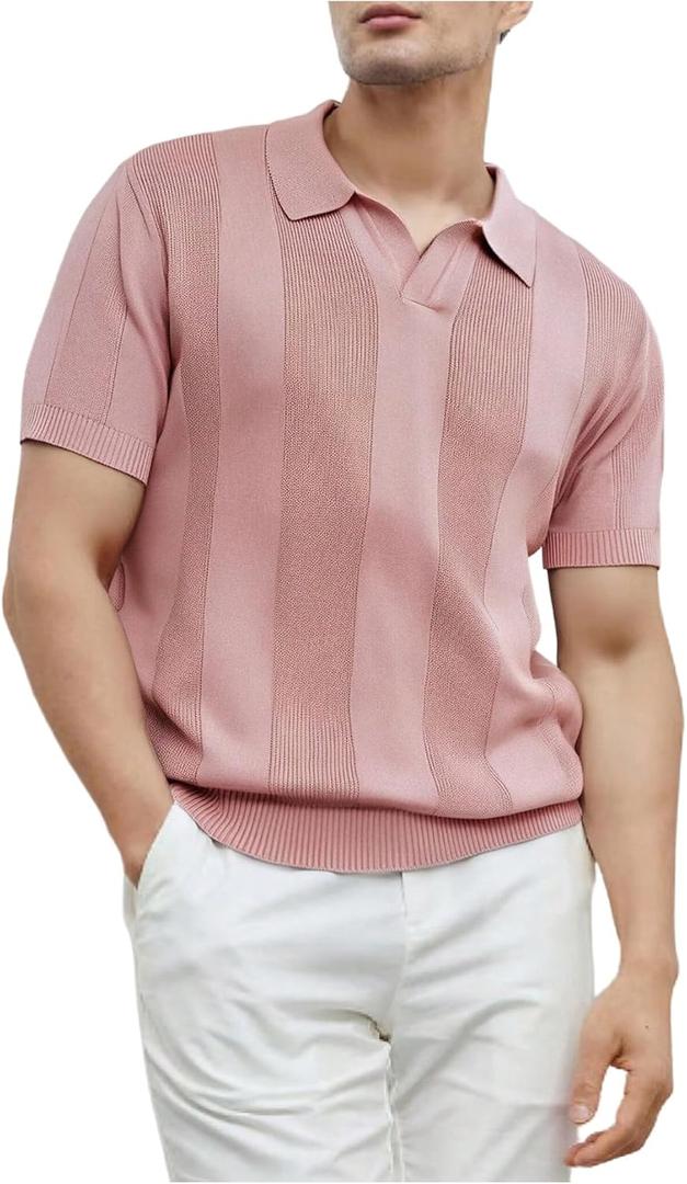 SOLY HUX Men's Knit Top Collared Short Sleeve Shirts Classic Summer Pullover T-Shirt (Pink, M)