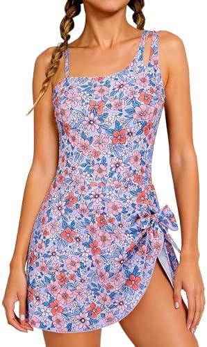 Funnycokid Girls One Piece Swimsuit Padded Bathing Suit Teen Modest Skirted Swimwear 17-18 Years, Blue Floral