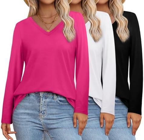 XIEERDUO Womens Long Sleeve Shirts-Fall Tops Basic Tshirts Loose Fit V Neck 3 Packs XL