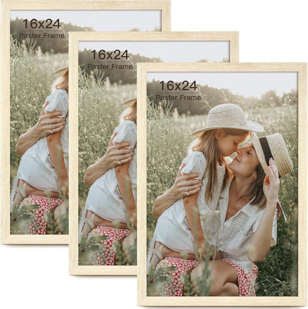 Momentworth 16x24 Frame Set of 3, Natural Wood Grain 16x24 Poster Frame for Gallery Wall Mounting (3 Pack,Natural)