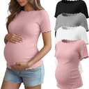 4 Pack Women's Maternity Ribbed Shirts Pregnancy Knit Short Sleeve Tops Boat Neck Lettuce Trim Summer Mama Clothes (White, XXL)