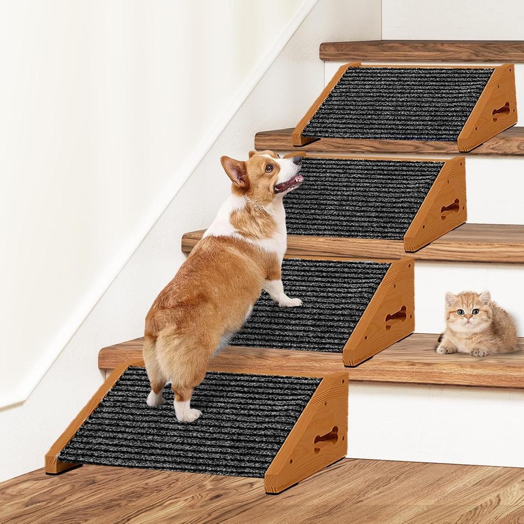 Extra Wide Dog Ramps for Stairs, Wooden Pet Ramp Stairs for Small Medium Dogs, Non-Slip Dog Pet Steps for Any Staircase, Stair Ramp for Injured Dogs with Anti-Slip Strip, 4 Pack