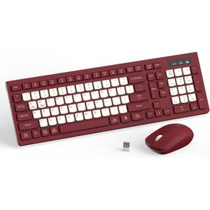 Wireless Keyboard and Mouse Combo, Full-Sized Wireless Keyboard and Adjustable DPI Mouse, 2.4GHz USB Receiver, Keyboard and Mouse for PC, Windows, Desktop, Laptop (Wine Red-B)