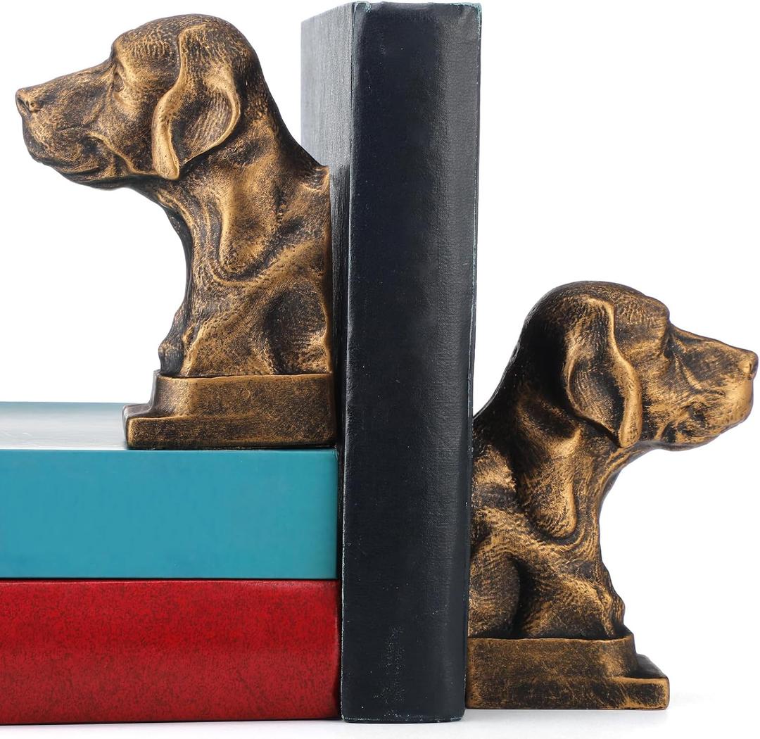 Sliner Decorative Bookends for Shelves, Dog Book Ends Antique Gold Labrador Retriever Statues Book Stopper for Home Office Desk Decor, 1 Pair