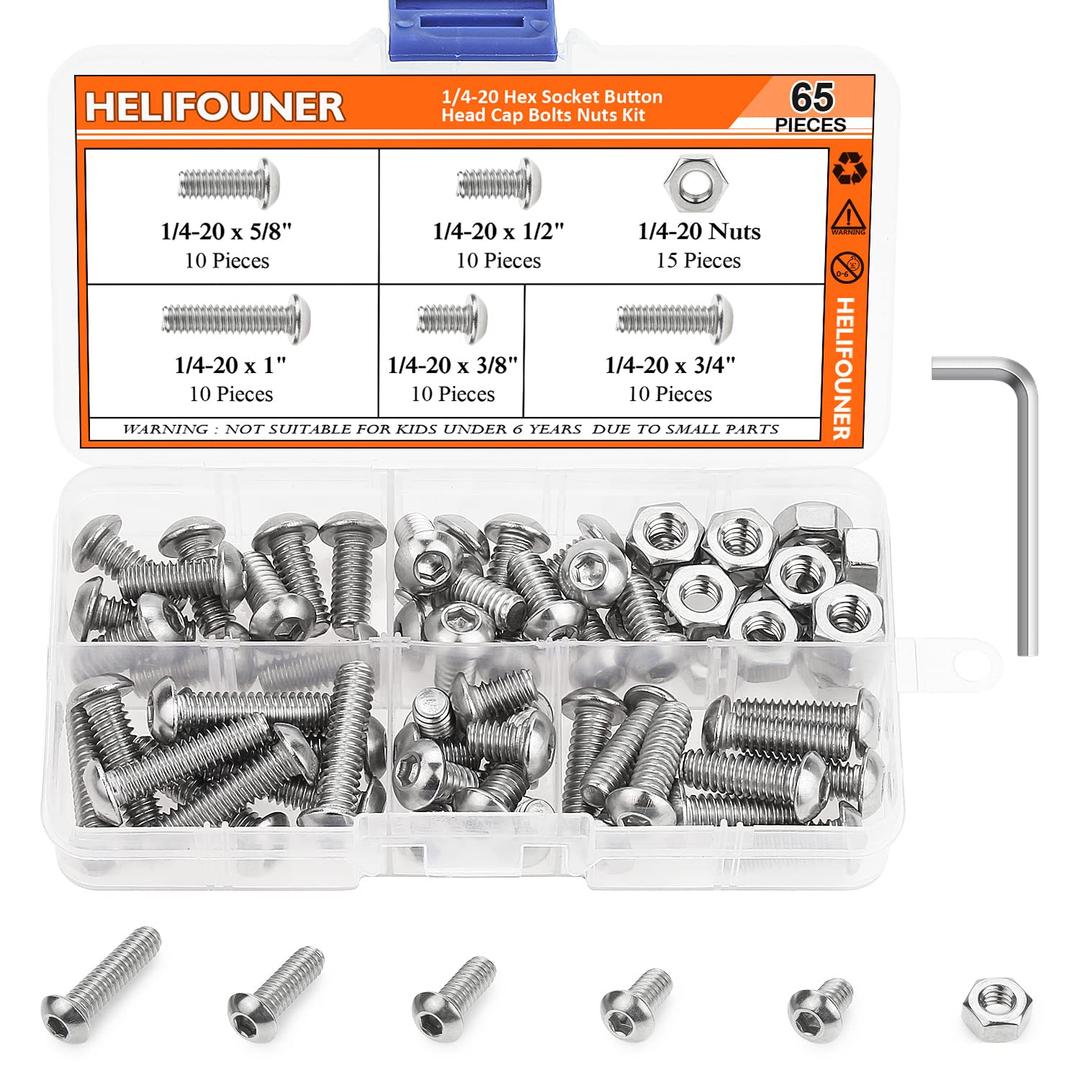 65 Pieces 5 Sizes 304 Stainless Steel 1/4-20 x 3/8" 1/2" 5/8" 3/4" 1" UNC Thread Button Head Socket Cap Screws Bolts Kit