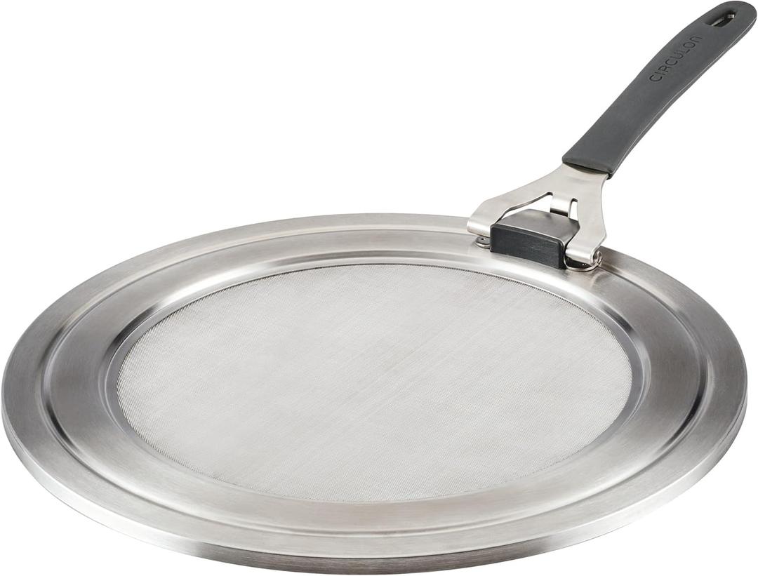 Circulon Tools and Gadgets Universal Splatter Guard Mesh Grease Cover for Pots and Pans Protects Stove, Countertop, and Kitchen from Oil when Frying, 13 Inch Splatter Guard - Stainless Steel