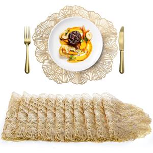 WUWEOT 12 Pack Gold Vinyl Placemats, 15 Inches Metallic Table Mats, Washable Easy Clean Centerpiece Placemat, No-Slip Heat Resistant Mats for Christmas Thanksgiving Holiday Party Wedding