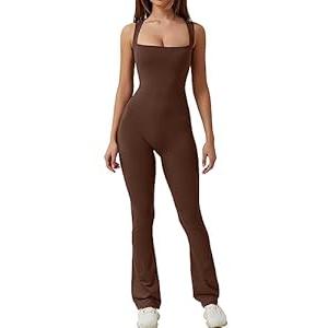 QINSEN Jumpsuit for Women Wide Leg Full Length Leggings Sexy Sleeveless Tank Flare Playsuit Coffee, M