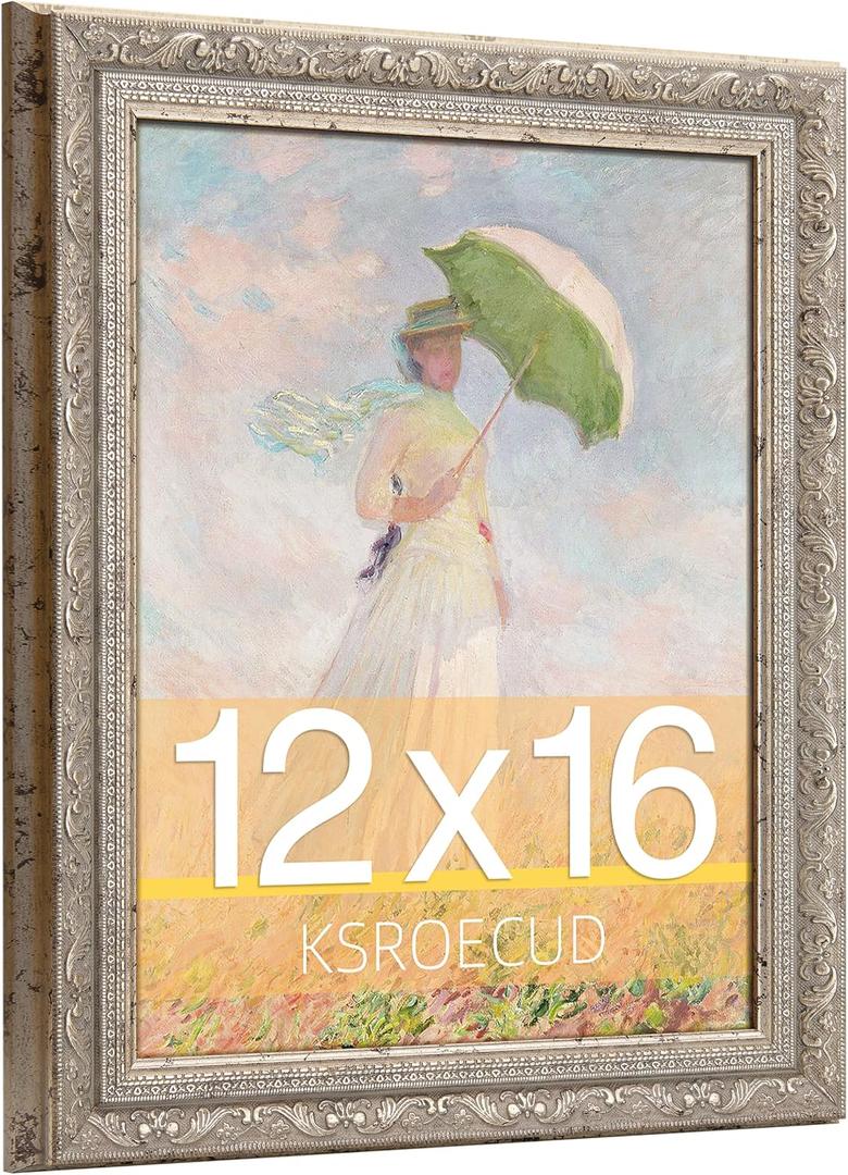 12x16 Picture Frame, HD Real Glass 12x16 Ornate Vintage Photo Frame, 12 by 16 Oil Painting Poster Frame with Vintage Silver Border and Distressed Rust-Like Finish, Horizontal & Vertical Display for Tabletop or Wall Decor (1 Pack）