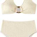 Milumia Women's 2 Piece High Waisted Bikini Sets Ring Linked V Neck Tummy Control Swimsuits (Large, Beige)