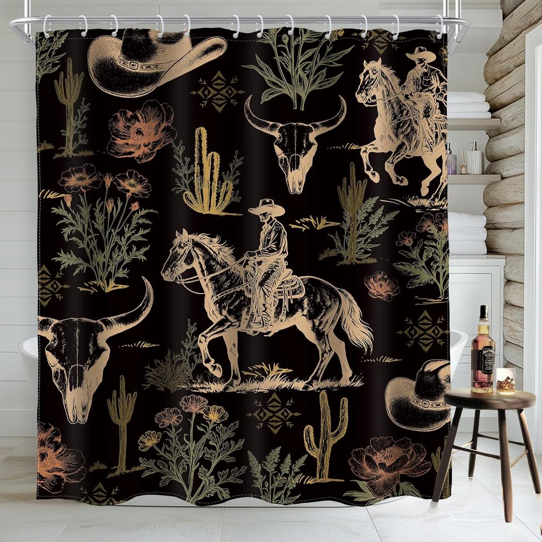AMBZEK Western Cowboy Black Dark Shower Curtain 60Wx72L Inch Cactus Desert Cow Skull Bull Horse Country Rustic Farmhouse Artwork Cloth Fabric Waterproof Polyester Bathroom Decor Set with 12 Pack Hook