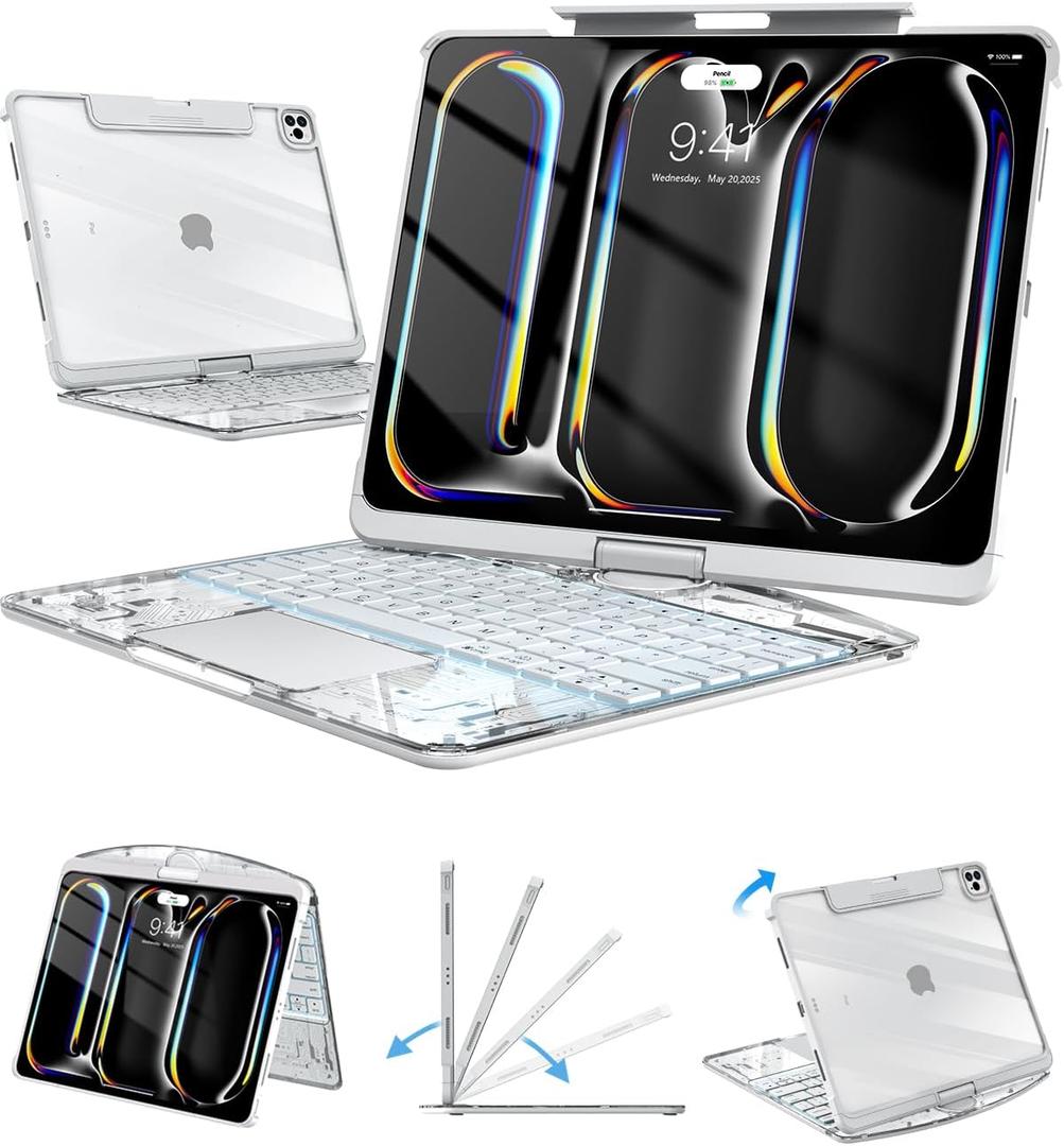Wireless Keyboard Case for iPad Pro 13" (M5/M4, 2025/2024), Transparent Protective Cover with 7-Color Backlit Keyboard, 360 Rotating Stand, Multi-Touch Trackpad and Pencil Holder, White