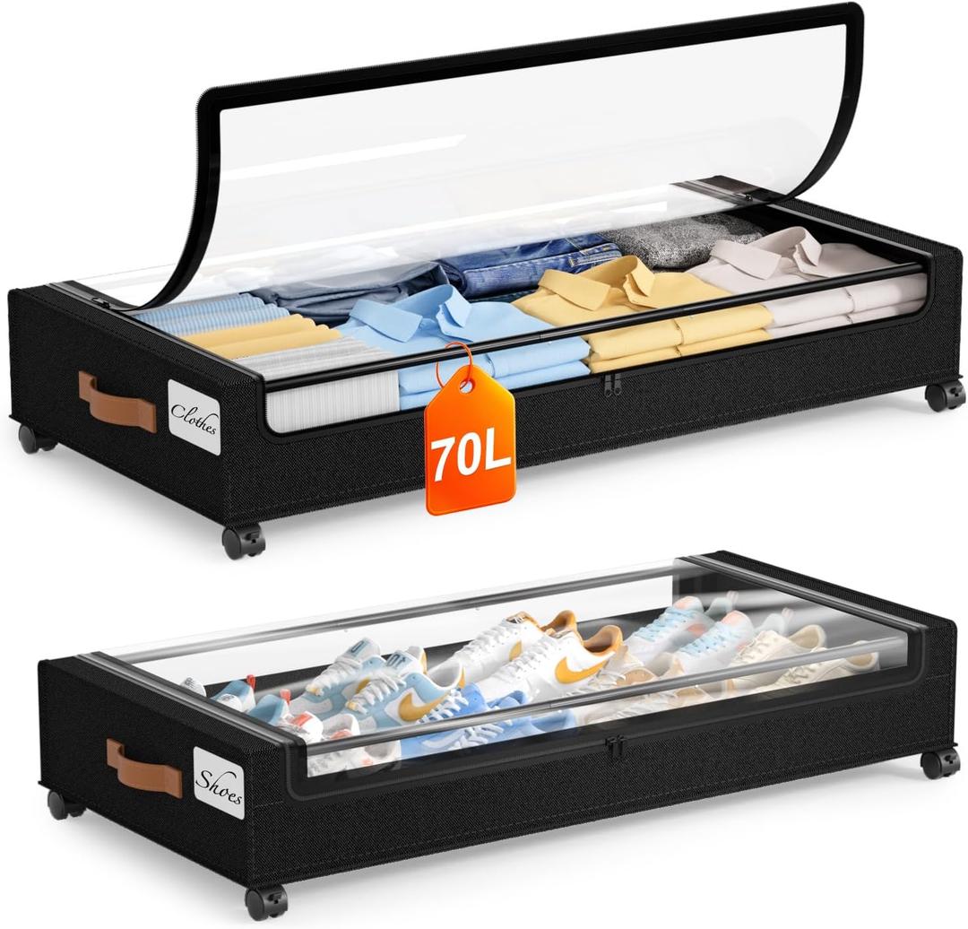 Yecaye Under Bed Storage with Wheels 2Pack, 70L Larger Capacity Under Bed Storage Containers, Underbed Shoe Storage Organizer, Rolling Under Bed Metal Drawers for Clothes, Blankets(35.5 x 17 x 6.7in) (Black)