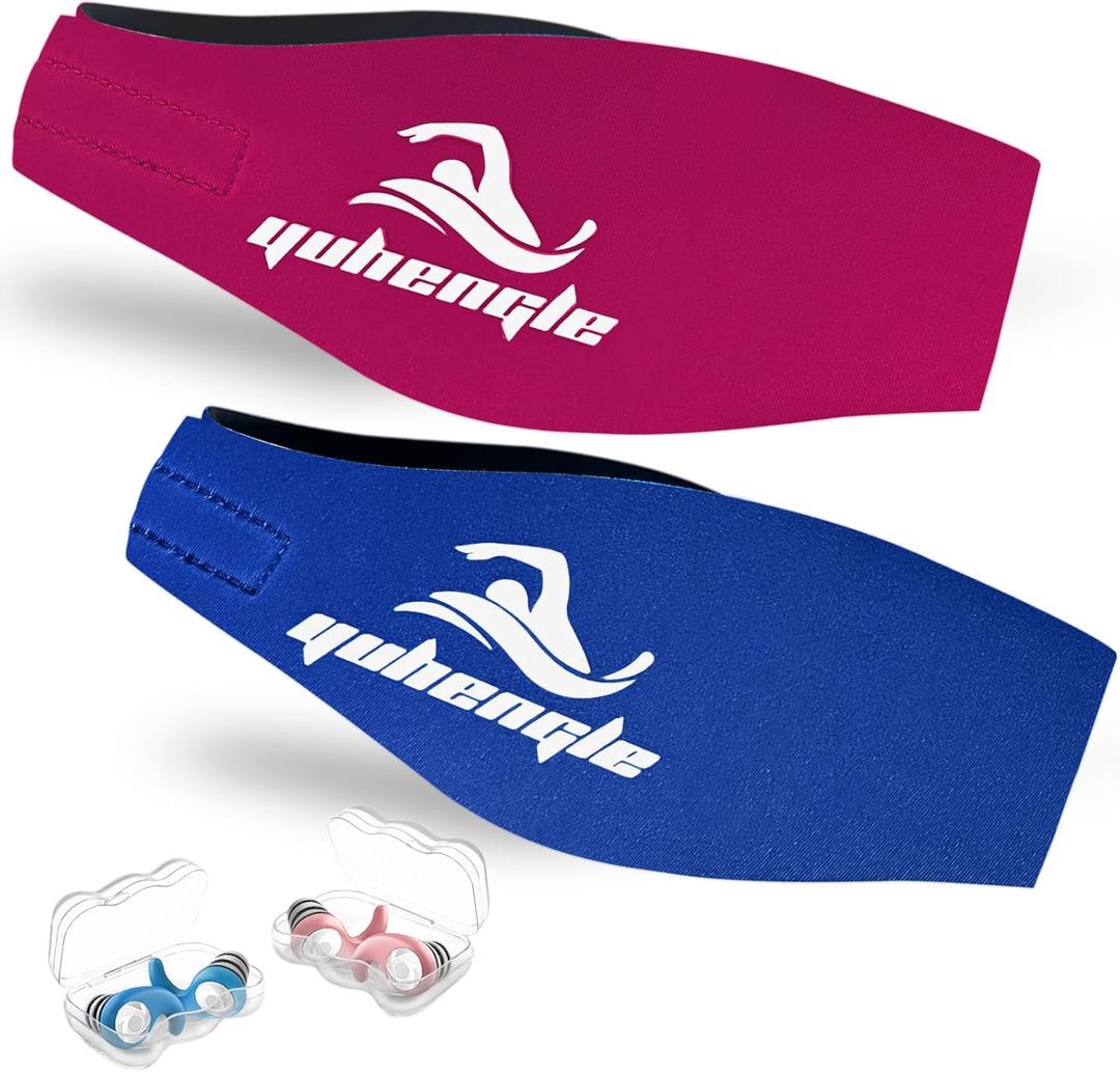 Swimming Headband for Adults - 2 Pairs Waterproof Ear Plugs & Adjustable Swim Ear Band,Keep Water Out and Hold Earplugs in - Water Headband for Surfing, Diving, Pool, Showering, and and Beach (1 Count (Pack of 4), 16+ Years/Adults---blue + Rose Red)