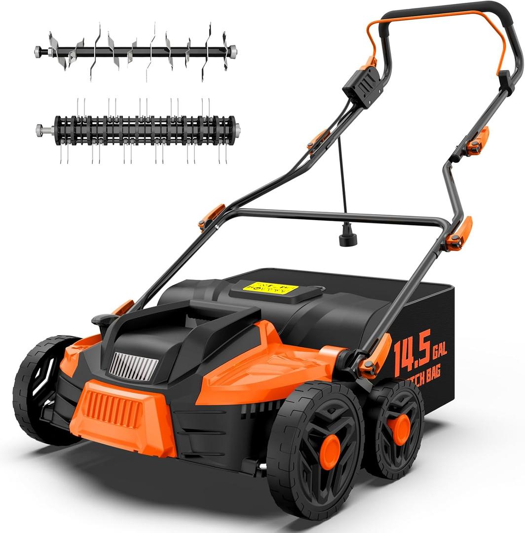 TIECTOWN 16-Inch 15.5 Amp 2-in-1 Electric Dethatcher and Scarifier with 14.5-Gallon Collection Bag, Lawn Dethatcher with 5-Position Depth Adjustment, Blade Replacement Without Tool - Orange