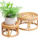 Set of 2 Boho Rattan Woven Round Decorative Risers Plant Stands Indoor, Mid Century Minimalist Modern Plant Stand, Wicker Short Plant Stand Holder Suitable Fits 8'' and 12'' Pots