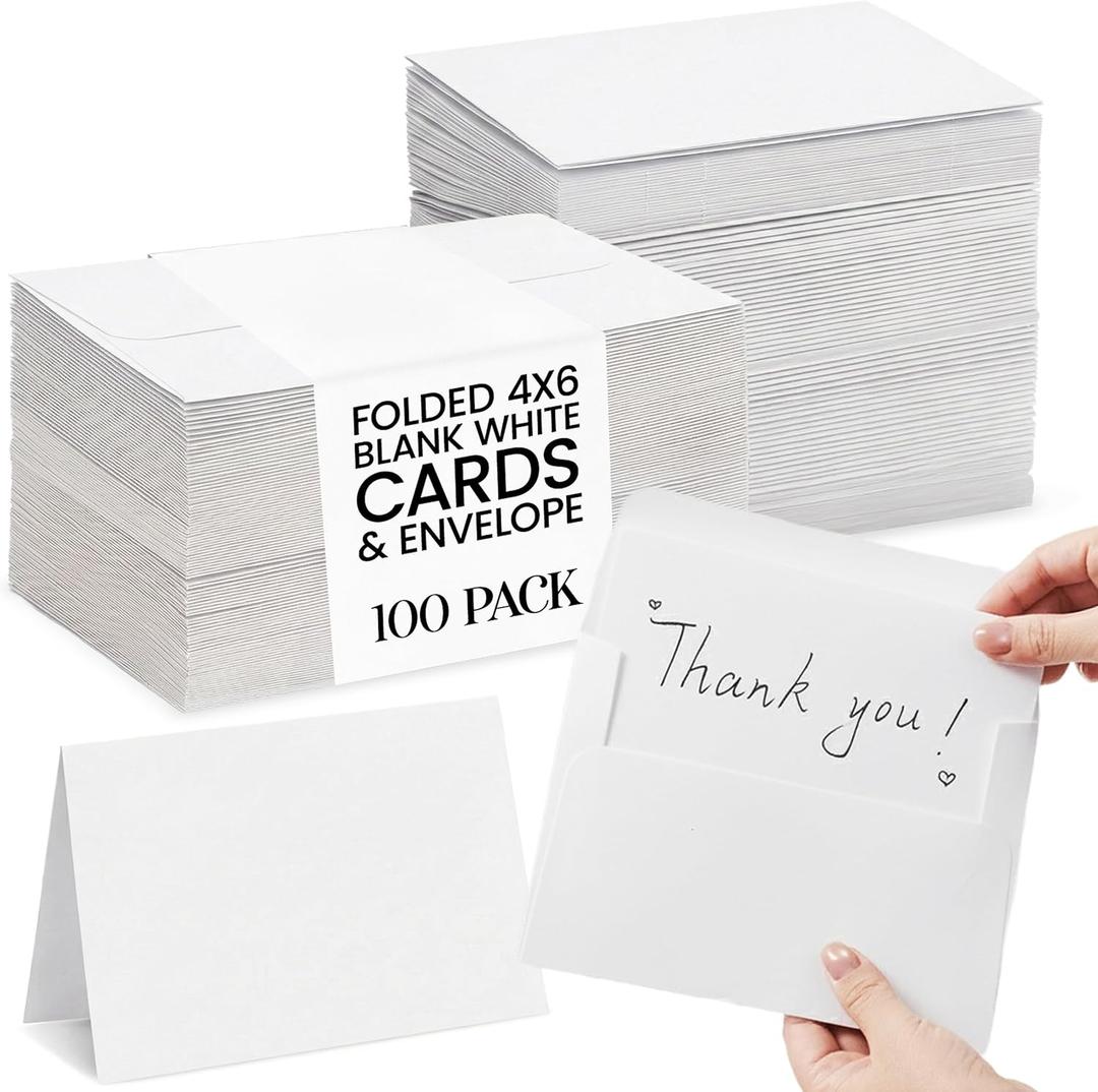 Folded White Cards 100PK 4x6 Blank Greeting Cards with Envelopes, Premium Cardstock for Invitations, Weddings, Birthdays, DIY Crafting, Personalized Messages, All Occasion Stationery Set