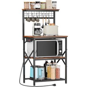 Furologee Kitchen Bakers Rack with Power Outlet, Microwave Oven Stand with Storage 4 Tiers, Coffee Bar Table with 6 S Hooks, Kitchen Storage Shelf Rack for Spices, Pots, Rustic Brown