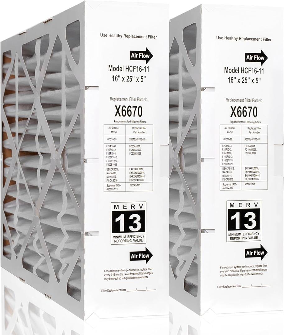X6670 Filter 16x25x5in MERV 13, Fits Lennox X6670, Honeywell FC100A1029, Carrier EXPXXFIL0016 filter (Actual dimensions: 15.75 x 24.75 x 4.38in), Foldable Design for Easy Storage (2 Pcs)