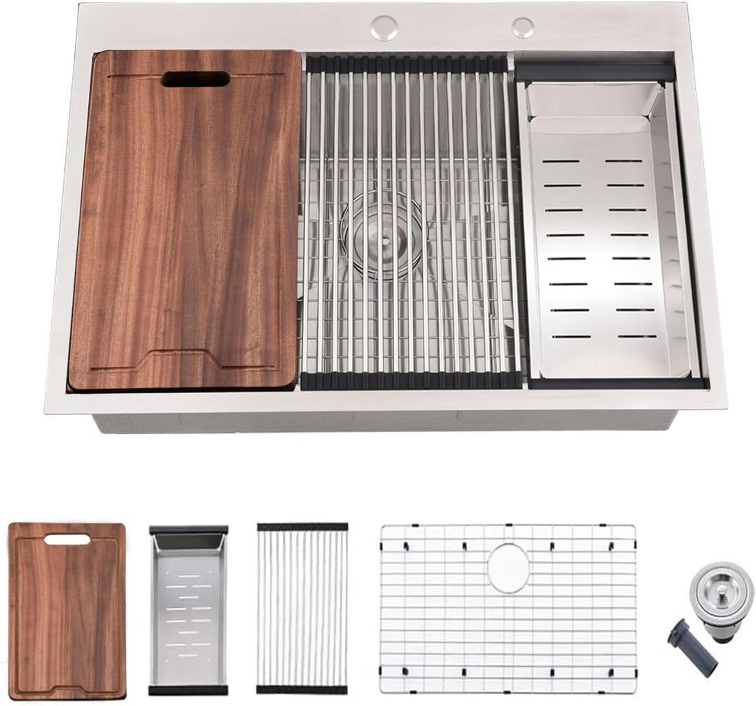 28 Inch Drop In Kitchen Sink - VOKIM 28x22Inch Top Mount sink Workstation 16 Gauge Stainless Steel 10'' Deep Handmade Single Bowl Kitchen Sink with Cutting Board& Strainer