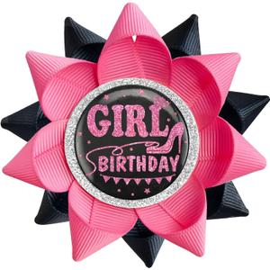 2 x Handmade Birthday Girl Button, Happy Birthday Button Pins for Girls or Women, Black Hot Pink Grosgrain Ribbon Pins for Birthday Party Decorations Supplies Gifts Ideas (3.75 x 3.75inch)