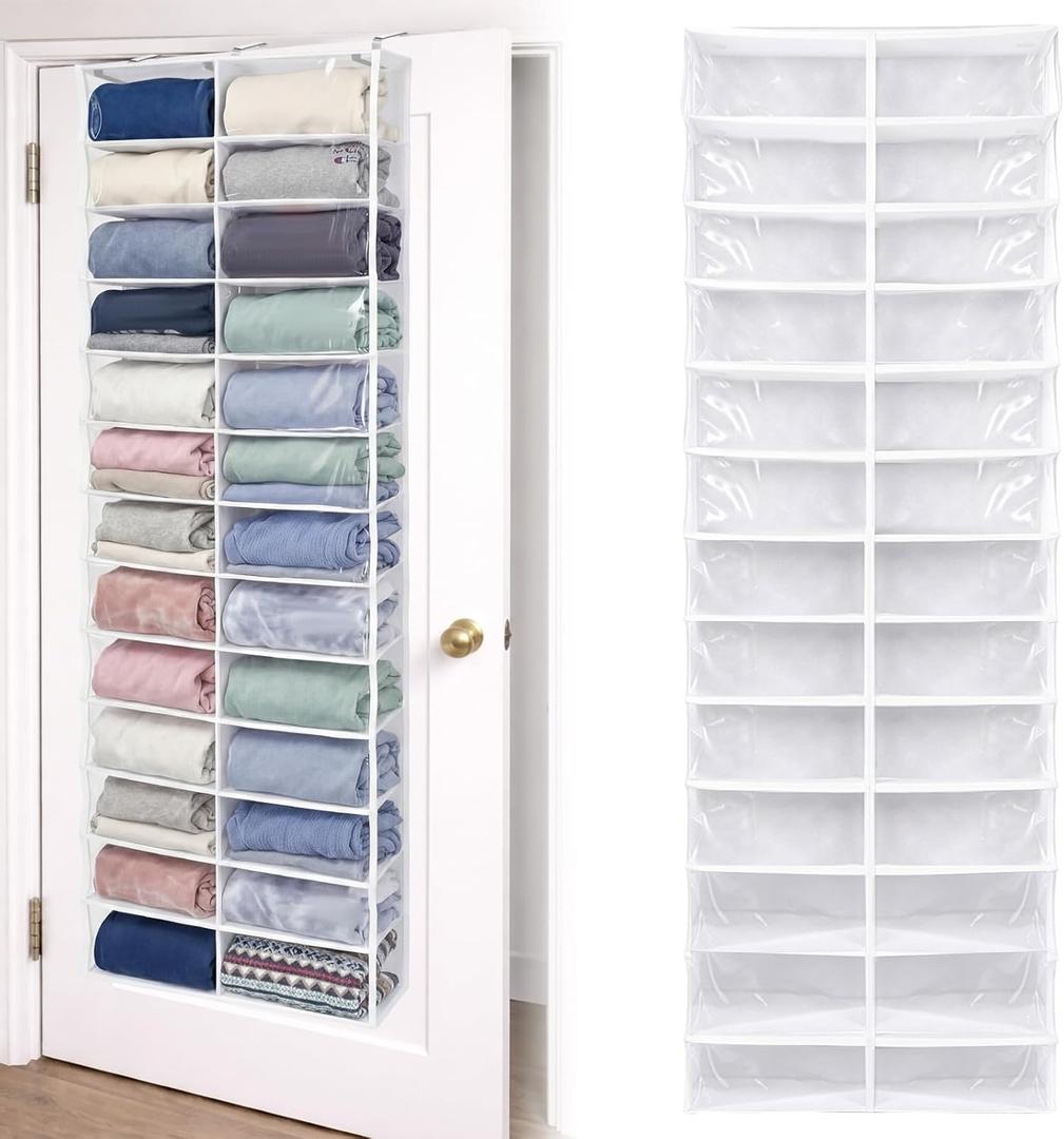 Over The Door Hoodie Organizer 26 Clear Pocket Sweatshirt Organizer with 3 Hooks Hanging Sweatshirt Hoodie Rack Holder Cabinet Behind The Doors for Dormitory Bedroom Closet Storage