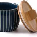 Lunavita Salt Cellar Keeper with Bamboo Lid, 14oz Big Capacity Ceramic Sugar Bowls Pepper Box, Crackle Glaze Seasoning Container Condiment Pot for Kitchen (Blue Color)