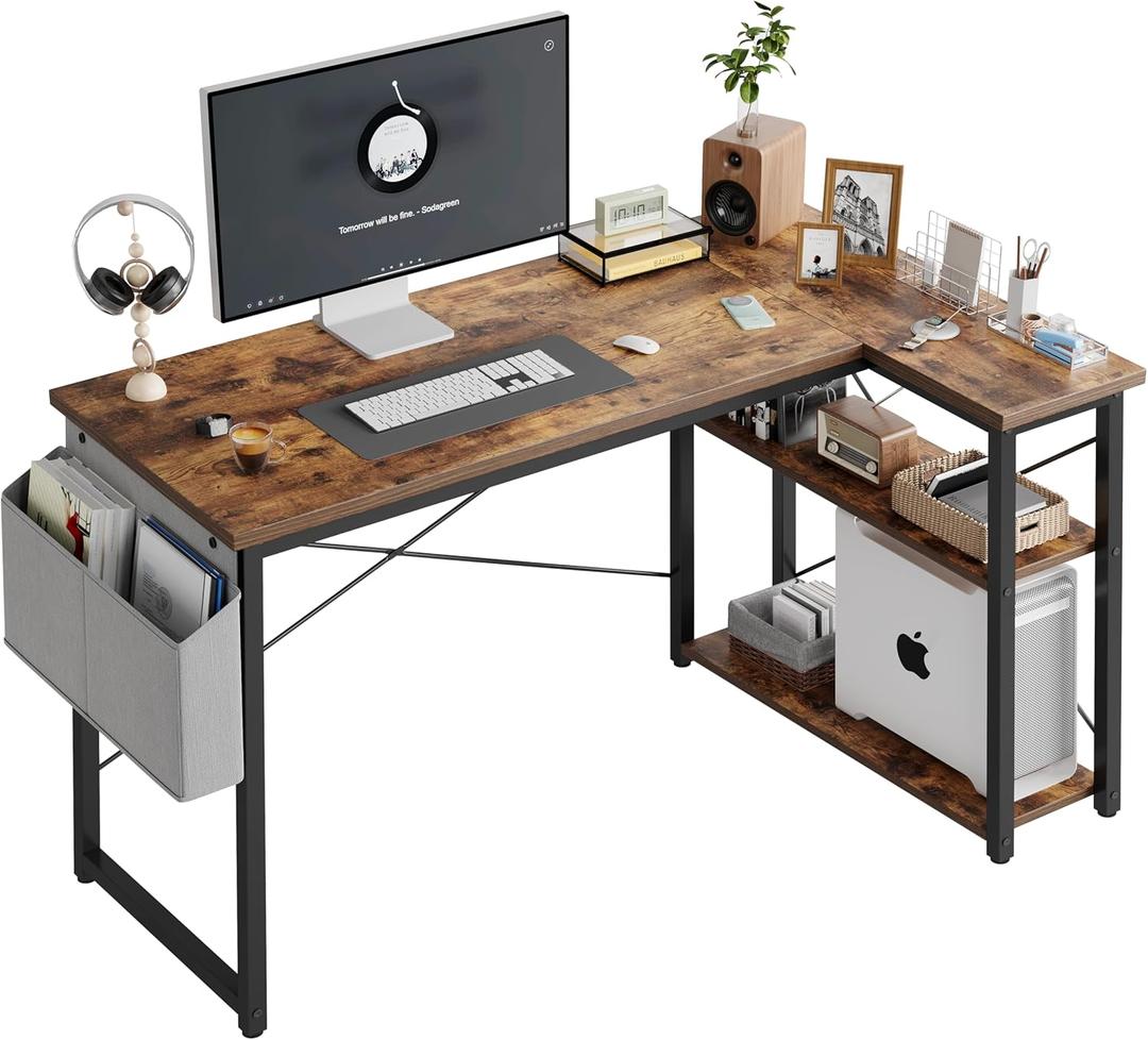 L Shaped Computer Desk with Reversible Shelves, 47 Inch Small Corner Desk with Storage Bag, Gaming Desk Computer Table Study Writing Desk for Home Office Small Space, Rustic Brown
