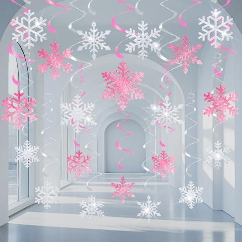 20 Pcs Winter Snowflake Hanging Swirls Decorations - Winter Hanging Ceiling Streamers Pink Silver Glitter Snowflakes Garland for Christmas Winter Wonderland Frozen Birthday Baby Shower Party Supplies