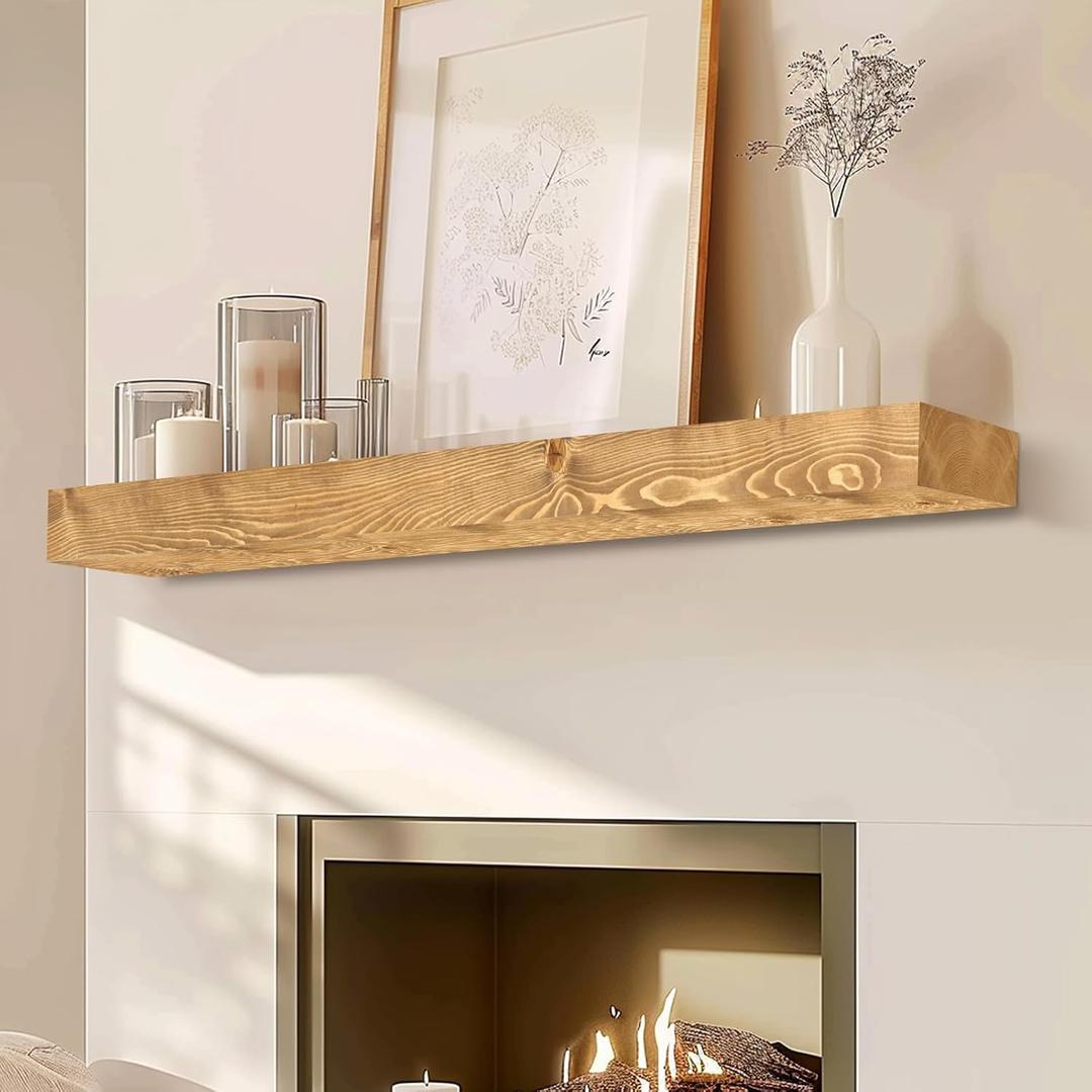 48" Fireplace Mantel, 3'' Thick Handmade Rustic Solid Wood - Wall Long Floating Shelf with Invisible Metal Bracket, Wood Color, 48x3x7-solid